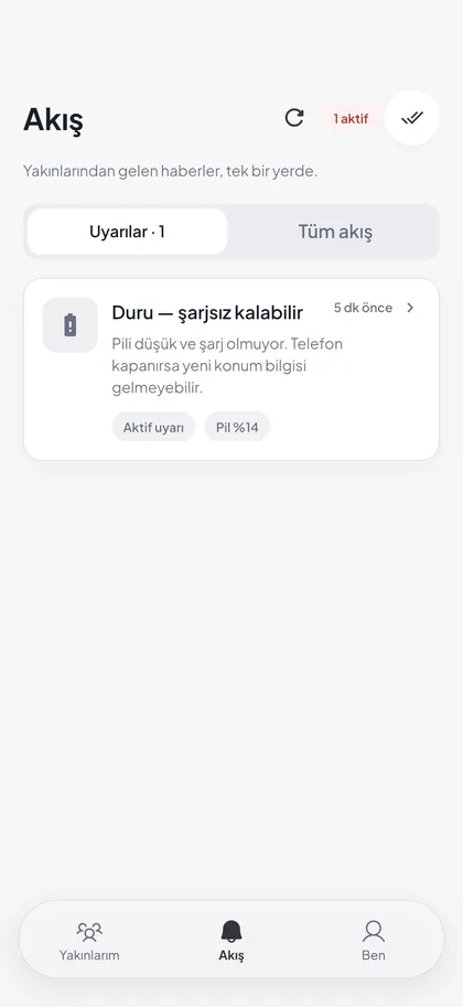 Uyarılar ekranı: Duru'nun şarjı azaldı uyarısı