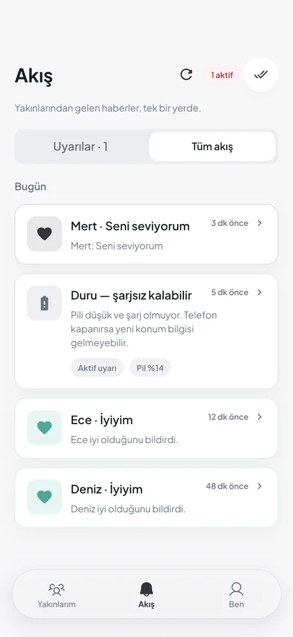 Akış ekranı: Ece'nin İyiyim bildirimi ve Mert'in Seni seviyorum mesajı