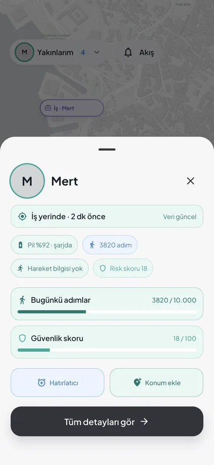 Haritada Mert'in kartı: son konum, adım sayısı ve durum