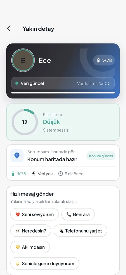 Ece'nin detay ekranı: durum, pil, adım ve son konum