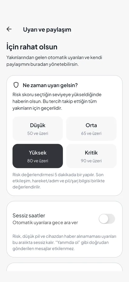 Takip tercihleri ekranı: sessiz saatler ve bildirim seçenekleri